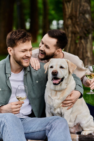 A bearded gay couple laughs with their labrador dog while enjoying a picnic in a green park.の写真素材