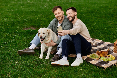 Two bearded men enjoying a picnic with their labrador dog in a green park. They are taking a selfie with a phone and smiling.の写真素材