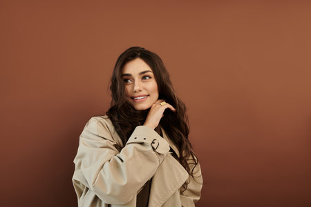 A young woman radiates charm in a stylish autumn outfit, smiling playfully in the studio warm ambiance.の写真素材