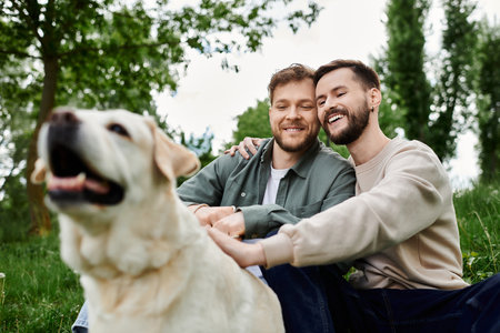 A happy, bearded gay couple enjoys a day in a park with their labrador retriever.の写真素材