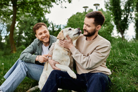 A happy gay couple enjoys a day in the park with their labrador retriever.の写真素材