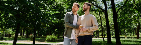 Two bearded gay men in casual attire are walking together in a green park on a sunny day.の写真素材