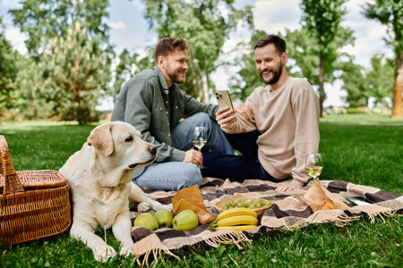 A bearded gay couple enjoys a picnic in a green park with their labrador dog.の写真素材