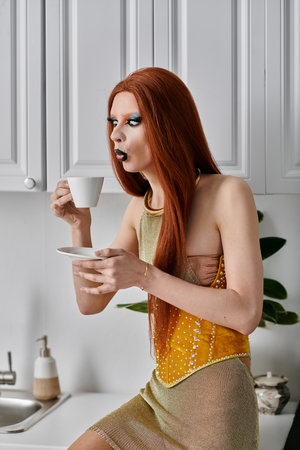 A drag diva in a glamorous yellow outfit enjoys a cup of coffee in a kitchen.