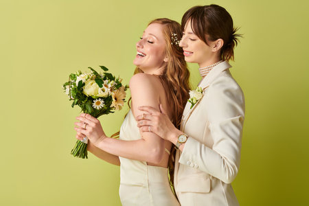 A lesbian couple smiles happily on their wedding day, dressed in white against a green backdrop.