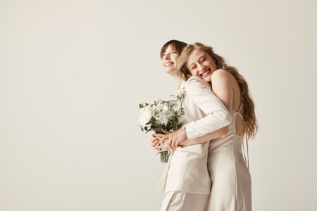 Two brides in white wedding attire embrace, their joy palpable as they hold a bouquet of white flowers.の写真素材