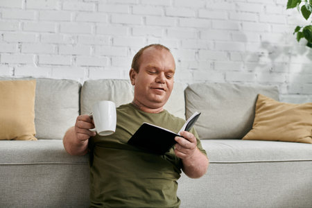A man with inclusivity relaxes at home, enjoying a cup of coffee and a good book.