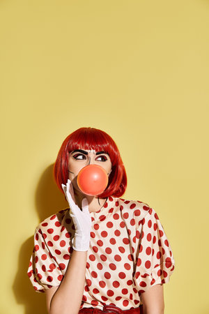 A pretty redhead woman with pop up makeup, dressed in polka dot blouse, blows a bubble on a yellow background.の写真素材