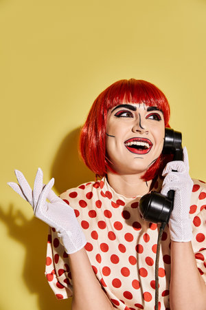 A captivating red-haired woman in pop art makeup and polka dot blouse talks animatedly on a phone against a yellow backdrop.の写真素材