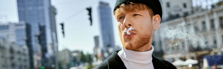 Red-haired man in debonair attire, exuding charm with a cigarette between his lips.の写真素材