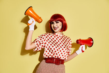 Creative redhead woman with pop art makeup in a polka dot shirt, holding a red and orange megaphone on a yellow backdrop.の写真素材
