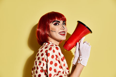 A woman with red hair fiercely holds a red and black megaphone, embodying a comic book characters spirit.の写真素材