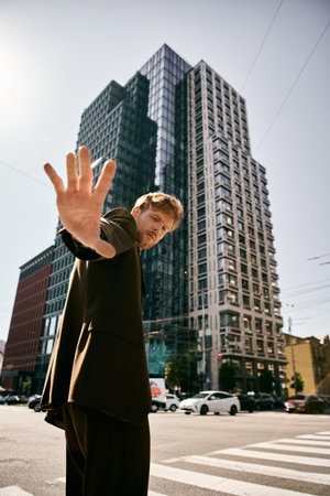 Young red-haired man standing in city street with hand raised.