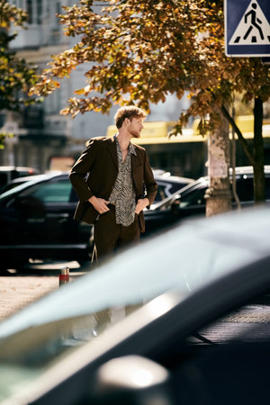 Young red-haired man in debonair attire casually walking down a city street lined with parked cars.の写真素材