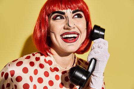 A confident redhead woman with artistic makeup holds a phone on a yellow backdrop, embodying a comic...