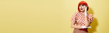 A vibrant redhead in a polka dot shirt with creative pop art makeup, brings comic book character...