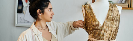 A young woman standing beside a mannequin wearing a dress, engaged in upcycling and eco-friendly fashion.の写真素材