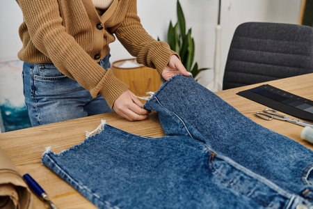 A woman creatively upcycles denim jeans.の写真素材