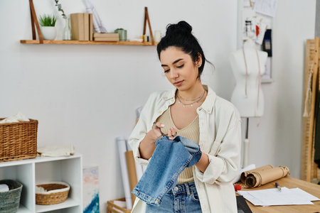 A young woman in a white shirt is creatively holding jeans, exploring eco-friendly upcycling.
