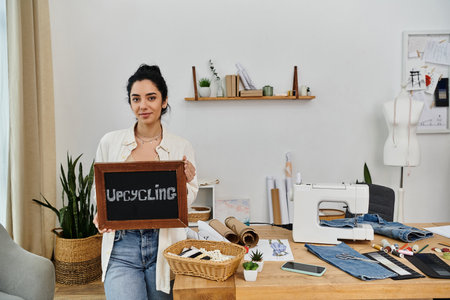 A young woman in casual attire upcycling her clothes, holding a sign in an office.の写真素材