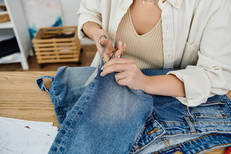 A woman in casual attire working on a pair of jeans.の写真素材