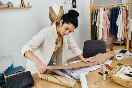 Young woman in casual attire upcycling clothes using a piece of cardboard.の写真素材