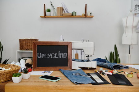 Upcycle sign on table with clothes and a sewing machine.の写真素材