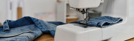 Close-up of sewing machine stitching jeans, upcycling clothes.