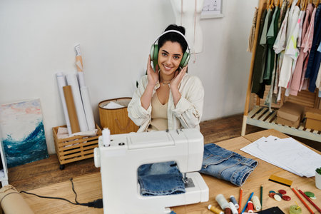 A young woman in casual attire upcycling clothes at a sewing machine.