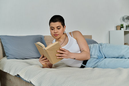 A young woman with short hair, dressed in casual wear, lies peacefully on a bed, immersed in reading a book.の写真素材