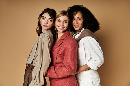 Three young, beautiful women representing different cultures stand together in trendy outfits on a...