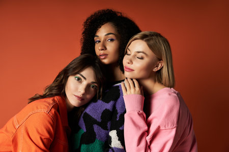 Three young, vibrant women in stylish clothing stand together against an orange backdrop, showcasing friendship and cultural diversity.の写真素材