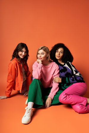 Three young multicultural women in stylish outfits sitting closely together on an orange background.の写真素材
