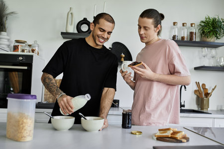 A young gay couple prepares breakfast together in their modern home. One pours milk into a bowl...