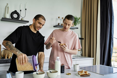 A young gay couple enjoys a leisurely morning in their modern kitchen, preparing breakfast and...