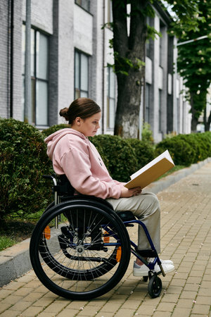 A young woman in a pink hoodie sits in a wheelchair reading a book on a brick pathway outside of a building.の写真素材