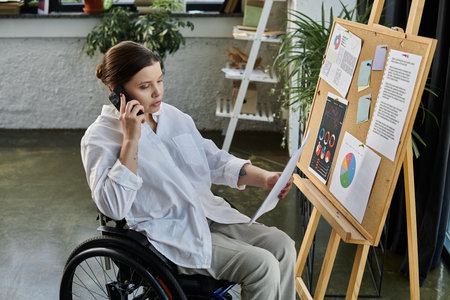A young businesswoman in a wheelchair works on a business presentation in a modern office, demonstrating inclusion in the workplace.の写真素材