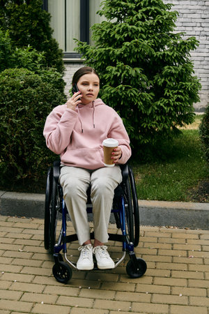 A young woman in a pink hoodie sits in a wheelchair, enjoying a coffee and a phone call on a sunny...