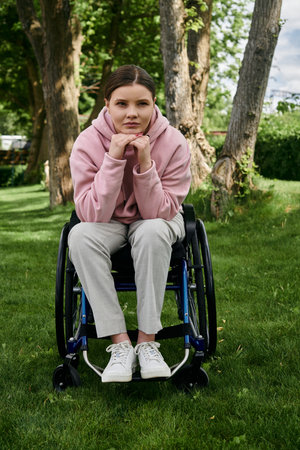 A young woman in a pink hoodie sits in a wheelchair in a grassy park.