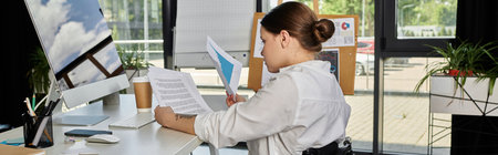 A young businesswoman with a disability sits in a wheelchair and works at her desk in a modern...