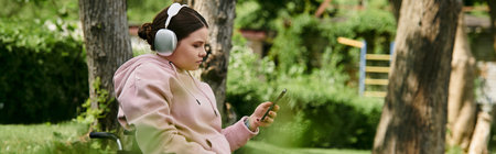 A young woman with a disability sits in a wheelchair outdoors, wearing a pink hoodie and listening to music while using her phone.の写真素材