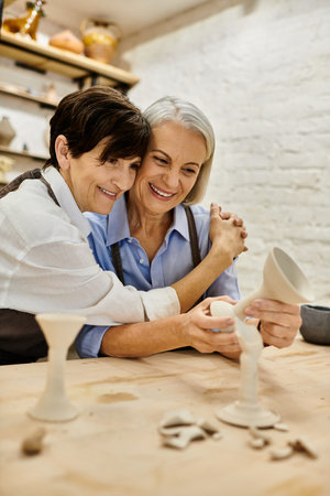 A mature lesbian couple share a loving embrace in a cozy pottery studio.の写真素材