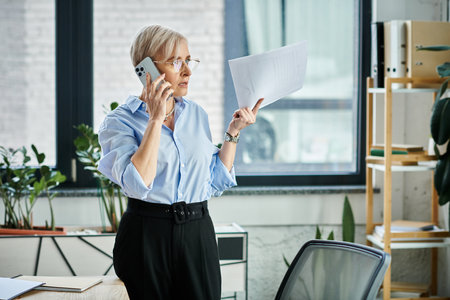 A middle-aged businesswoman with short hair multitasking, talking on a phone while holding a piece of paper in an office setting.の写真素材