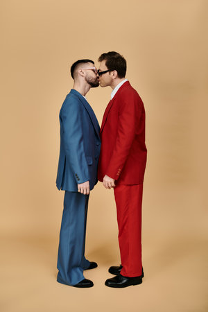 Two men in suits stand close, sharing a kiss against a muted background.