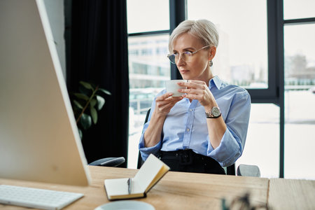 Middle-aged woman with short hair focused on her computer while working in her officeの写真素材