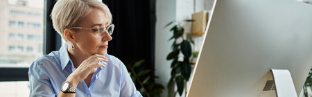 A middle-aged businesswoman with short hair works at her desk, focused on the computer screen in her officeの写真素材