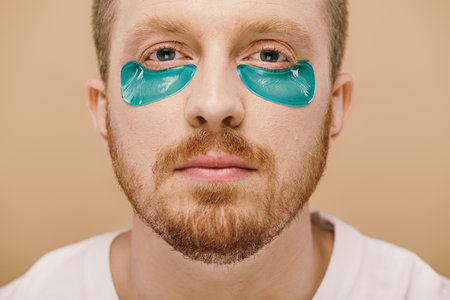 A stylish man wearing blue eye patches over his eyes.の写真素材