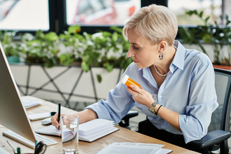 A middle aged businesswoman with short hair works diligently at her desk in front of a computer.の写真素材