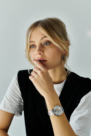 A chic, young woman with blonde hair is elegantly sporting a stylish watch on her wrist against a...