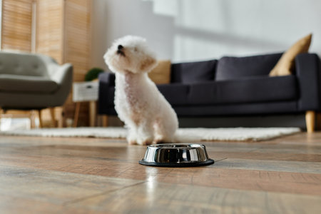 A pretty white dog sitting by a bowl of food on the floor.